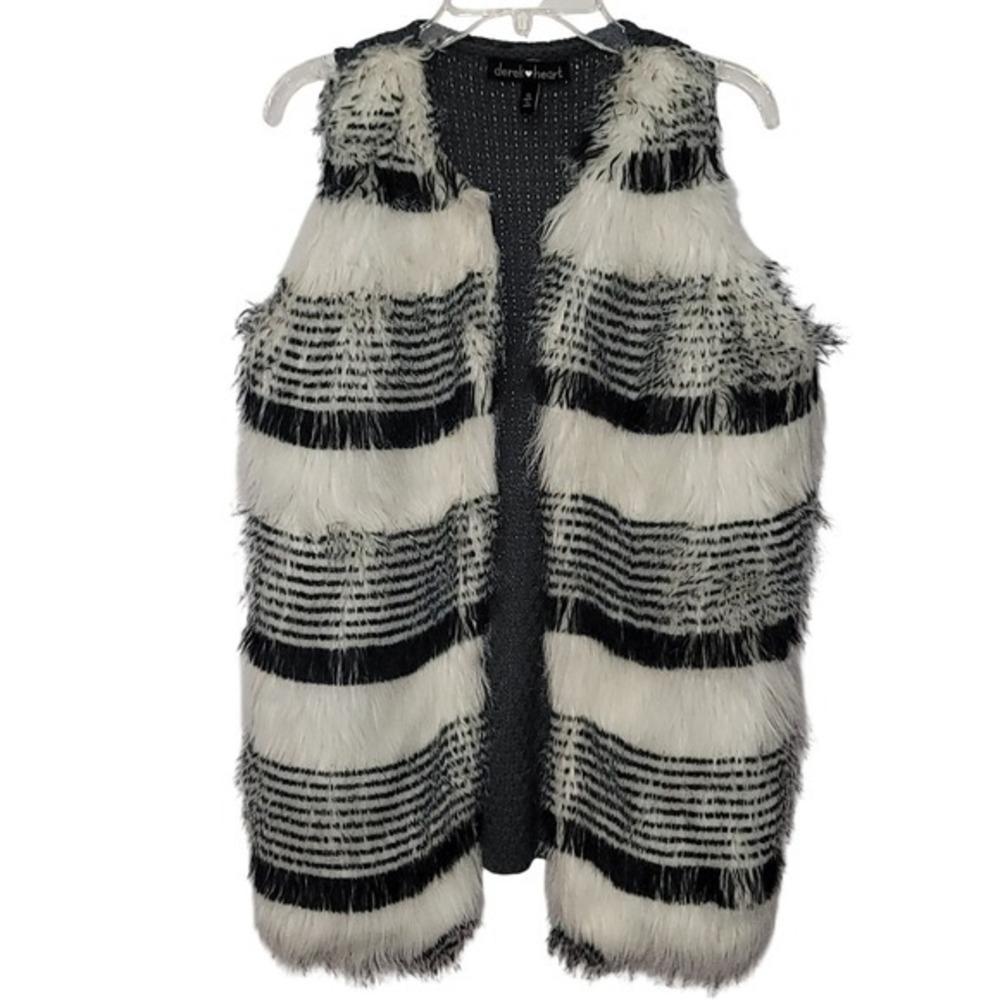 Derek Heart Black/White Crochet Faux Fur Vest Sz S Cozy Soft Glam Neutral Chic